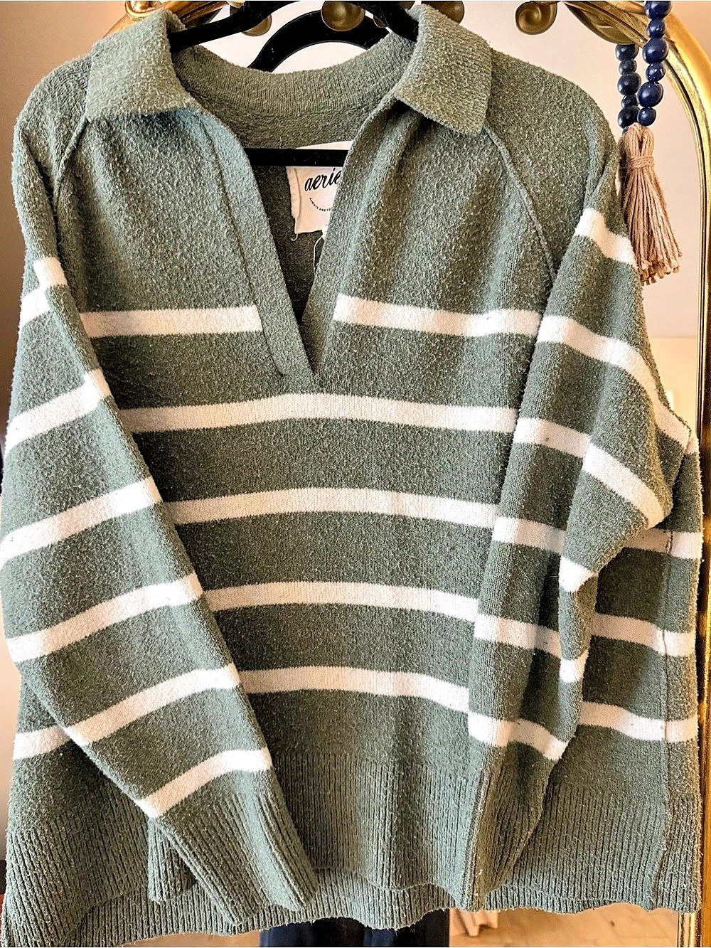 Aerie unREAL Striped Polo Sweater Green & White